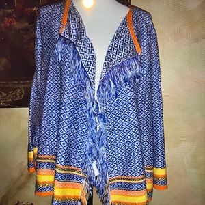 Ruby Rd Sun Kissed Blue Orange Yellow Fringe Cardigan Sweater Sz 1x
